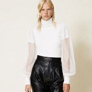 TWINSET Milano Ribbed Turtleneck Sweater Sheer Dot Puff Sleeve Cream Size S